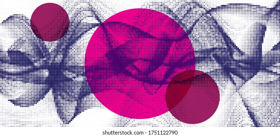 Abstract vector circle frame halftone dots magenta blue white banner. Frame border for text. Halftone dotted background.