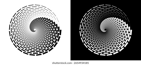 Quadro de círculo vetorial abstrato com retângulos como logotipo ou emblema. Elemento ou ícone de desenho em espiral. Forma preta em um plano de fundo branco e a mesma forma branca no lado preto.