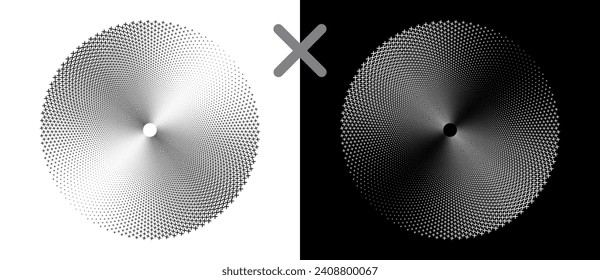 Abstract vector circle with halftone cross as logo or icon. Black shape on a white background and the same white shape on the black side.