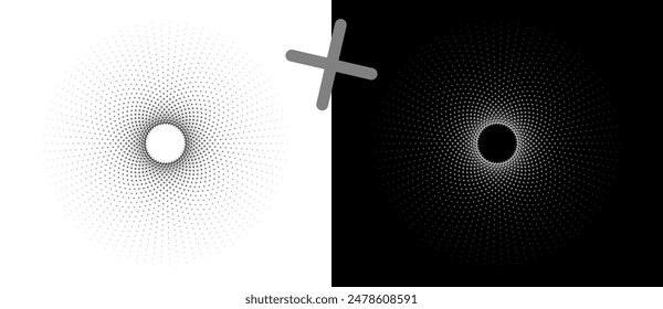 Abstract vector circle with halftone cross as logo or icon. Sun concept. Black shape on a white background and the same white shape on the black side.
