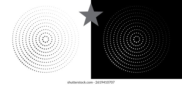 Abstract vector circle with halftone stars as logo or icon. Black shape on a white background and the same white shape on the black side.