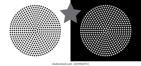 Círculo de Vector Abstractas con estrellas de medio tono como logotipo o ícono. Forma negra sobre un fondo blanco y la misma forma blanca en el lado negro.