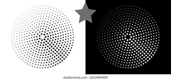 Círculo de Vector Abstractas con estrellas de medio tono como logotipo o ícono. Forma negra sobre un fondo blanco y la misma forma blanca en el lado negro.