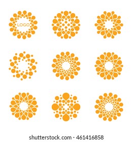 Abstract vector circle logotype. Orange unusual isolated chemistry logo. Virus icon. Orange sunny sun. Flower.