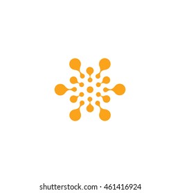 Abstract vector circle logotype. Orange unusual isolated chemistry logo. Virus icon. Orange sunny sun. Flower.