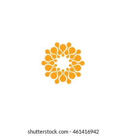 Abstract vector circle logotype. Orange unusual isolated chemistry logo. Virus icon. Orange sunny sun. Flower.
