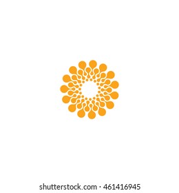 Abstract vector circle logotype. Orange unusual isolated chemistry logo. Virus icon. Orange sunny sun. Flower.