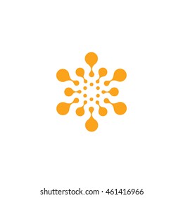 Abstract vector circle logotype. Orange unusual isolated chemistry logo. Virus icon. Orange sunny sun. Flower.