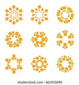 Abstract vector circle logotype. Orange unusual isolated chemistry logos set. Virus icon. Orange sunny sun. Flower.