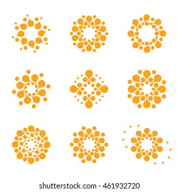 Abstract vector circle logotype. Orange unusual isolated chemistry logos set. Virus icon. Orange sunny sun. Flower.