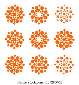 Abstract vector circle logotype set. Orange unusual isolated chem logo. Virus icon. Orange sun. Flower collection.