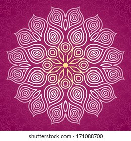 Abstract vector circle ornament. Lace pattern design. White ornament on purple scroll background. It can be used for decorating of wedding invitations, greeting cards, decoration for bags and clothes.