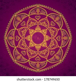 Abstract vector circle ornament. Lace pattern design. Gold ornament on dark background. It can be used for decorating of wedding invitations, greeting cards, decoration for bags and clothes.