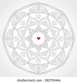 Abstract vector circle ornament. Lace pattern design. Grey ornament on light background. Floral decorative element. Mandala. Ornate backdrop for your design.