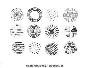 Abstract Vector Circles Of Different Shapes. Cross-hatching, Dots, Lines, Abstraction In The Circle. Set Of Circle Shapes For Post, Story, Fabric. Hand Drawing