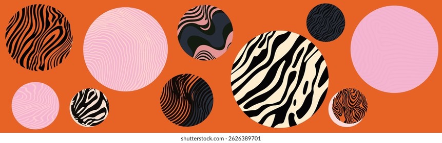 Abstractas círculos de Vector con líneas onduladas y cebra en colores llamativos, dispuestos sobre un fondo naranja, creando una composición geométrica divertida y moderna.