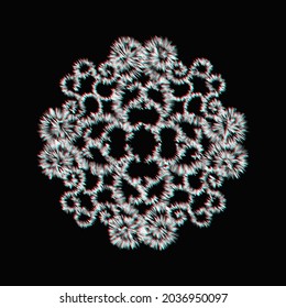 Abstract vector circular ornament. Round pattern with glitch effect isolated on black background. Decorative design element, symbol, template for illustration, banner, poster, print