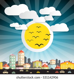 Abstract Vector City with Big Sun and Cars Street