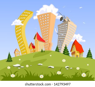 Abstract vector city on the hill. Summer