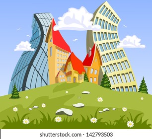 Abstract vector city on the hill