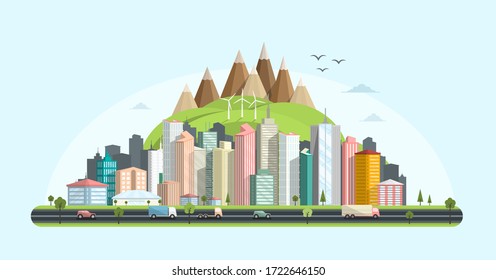 Abstract Vector City with Skyscrapers, Cars on Highway and Mountains - Hills