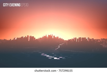 Abstract vector city sunset. Cityscape with sunlight in the background.