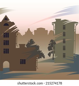 Abstract vector city in windy weather in brown colors