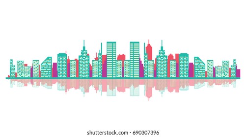 abstract vector cityscape in bright colors
skyline, buildings and reflection