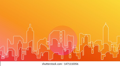 abstract vector cityscape illustration, cute doodle in sunset colors