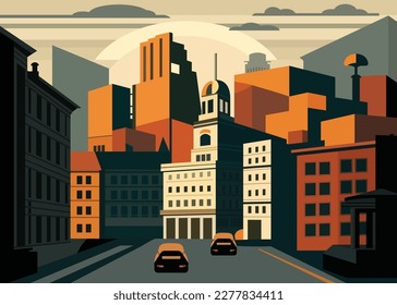 Abstract vector cityscape with sunset, sunrise