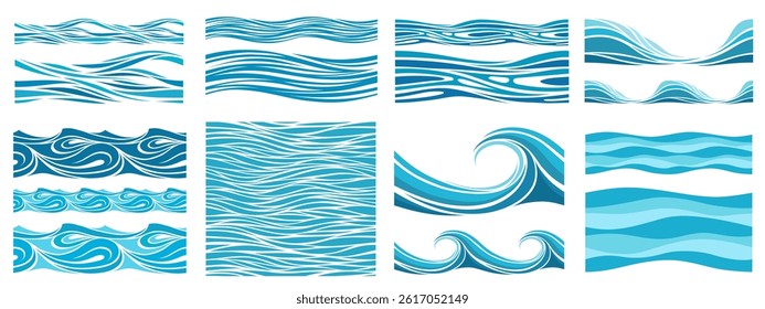 abstract vector clipart, editable and isolated on white
set of seamless ocean wave patterns with fluid curved lines, stylized marine symbols and decorative water motion elements
