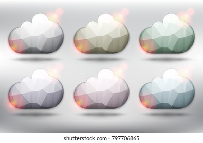 Abstract vector cloud icons set of 6. Low poly clouds. Isolated with realistic, transparent glass shine and shadow on the light background. Vector illustration. Eps10.