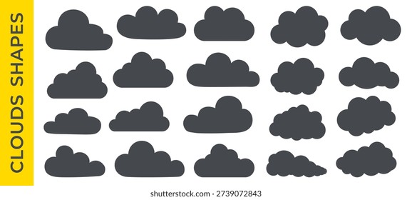 Abstract vector cloud silhouette collection in cute flat cartoon style. Weather element symbol or text box. Cloud flack black silhouette set. Puffy simple outlines. Airy empty cloudlet for text.