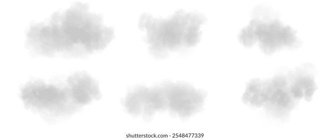 Abstract vector clouds, fog or smoke on an isolated transparent background. Dust cloud. Desert smoke. Sandstorm. 3D smog explosion. Cloud, smoke, png.