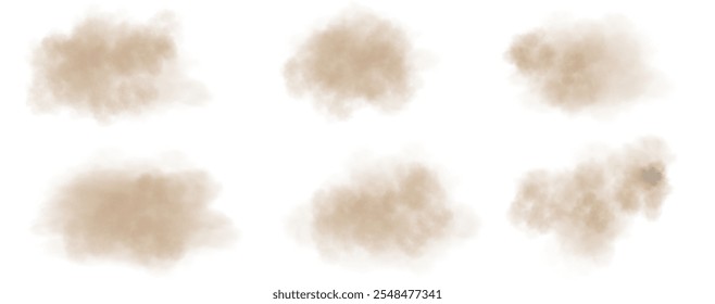 Abstract vector clouds, fog or smoke on an isolated transparent background. Dust cloud. Desert smoke. Sandstorm. 3D smog explosion. Cloud, smoke, png.