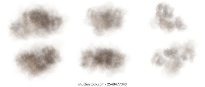 Abstract vector clouds, fog or smoke on an isolated transparent background. Dust cloud. Desert smoke. Sandstorm. 3D smog explosion. Cloud, smoke, png.