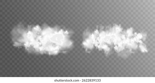 Abstract vector clouds, fog or smoke on an isolated transparent background. Dust cloud. Desert smoke. Sandstorm. 3D smog explosion. Cloud, smoke, png