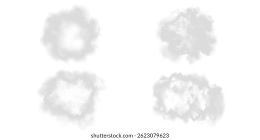 Abstract vector clouds, fog or smoke on an isolated transparent background. Dust cloud. Desert smoke. Sandstorm. 3D smog explosion. Cloud, smoke, png.