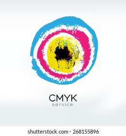 Abstract vector CMYK logo concept. CMYK target. Printing technology emblem. Polygraphic colors.