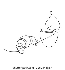 Abstract vector coffee cup, french croissant one line continuous drawing. Hand drawn linear silhouette icon. Minimal design, print, banner, card, product logo, brochure, menu, bakery shop.
