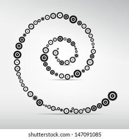 Abstract vector cogs - gears in spiral shape on grey background