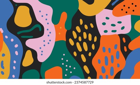 Collage de vector abstracto con formas orgánicas dibujadas a mano y elementos gráficos. Diseño contemporáneo de moda. Fondo colorido brillante con elementos líquidos y manchas. Estilo étnico, arte infantil ingenuo