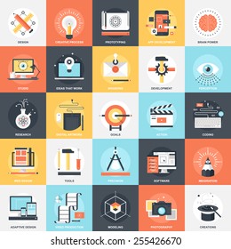 Abstract Vector Collection Of Colorful Flat Creative Process And Design And Development Icons. Elements For Mobile And Web Applications.