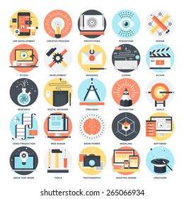 Abstract Vector Collection Of Colorful Flat Creative Process And Design And Development Icons. Elements For Mobile And Web Applications.