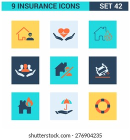 Abstract vector collection of colorful flat Insurance Icons set. Design elements for mobile and web applications.