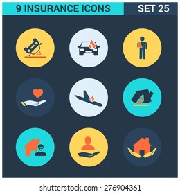 Abstract vector collection of colorful flat Insurance Icons set. Design elements for mobile and web applications.