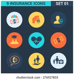 Abstract vector collection of colorful flat Insurance Icons set. Design elements for mobile and web applications.