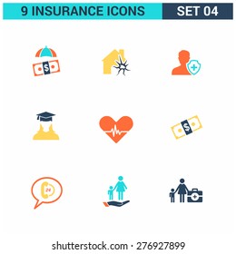 Abstract vector collection of colorful flat Insurance Icons set. Design elements for mobile and web applications.