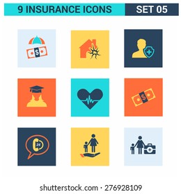 Abstract vector collection of colorful flat Insurance Icons set. Design elements for mobile and web applications.