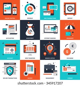 Abstract vector collection of flat banking and money icons.